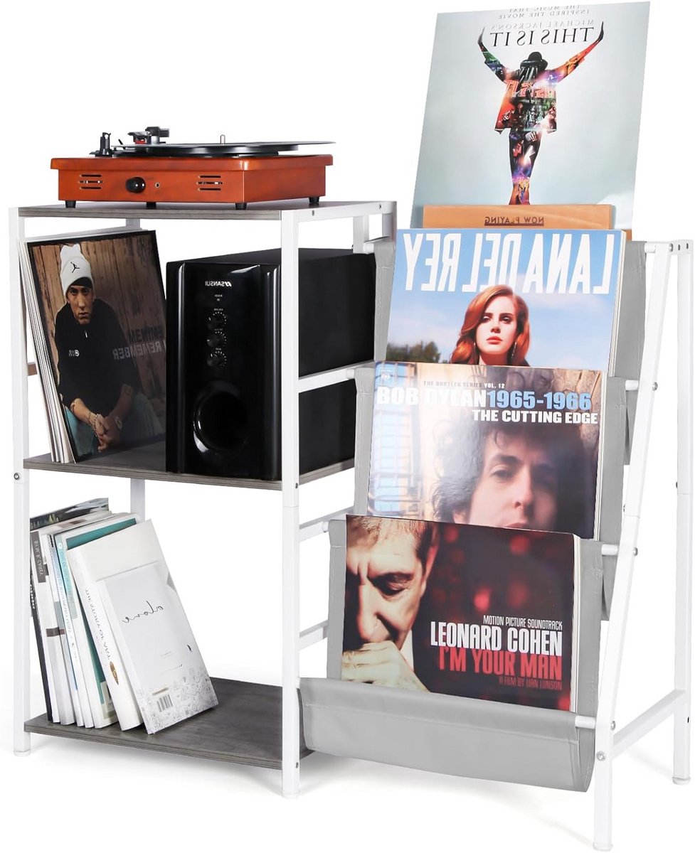 Draaitafel Standaard met 3-Laags Vinyl Opslag - Nu Spelen Houder & Display - Grijs/Wit
