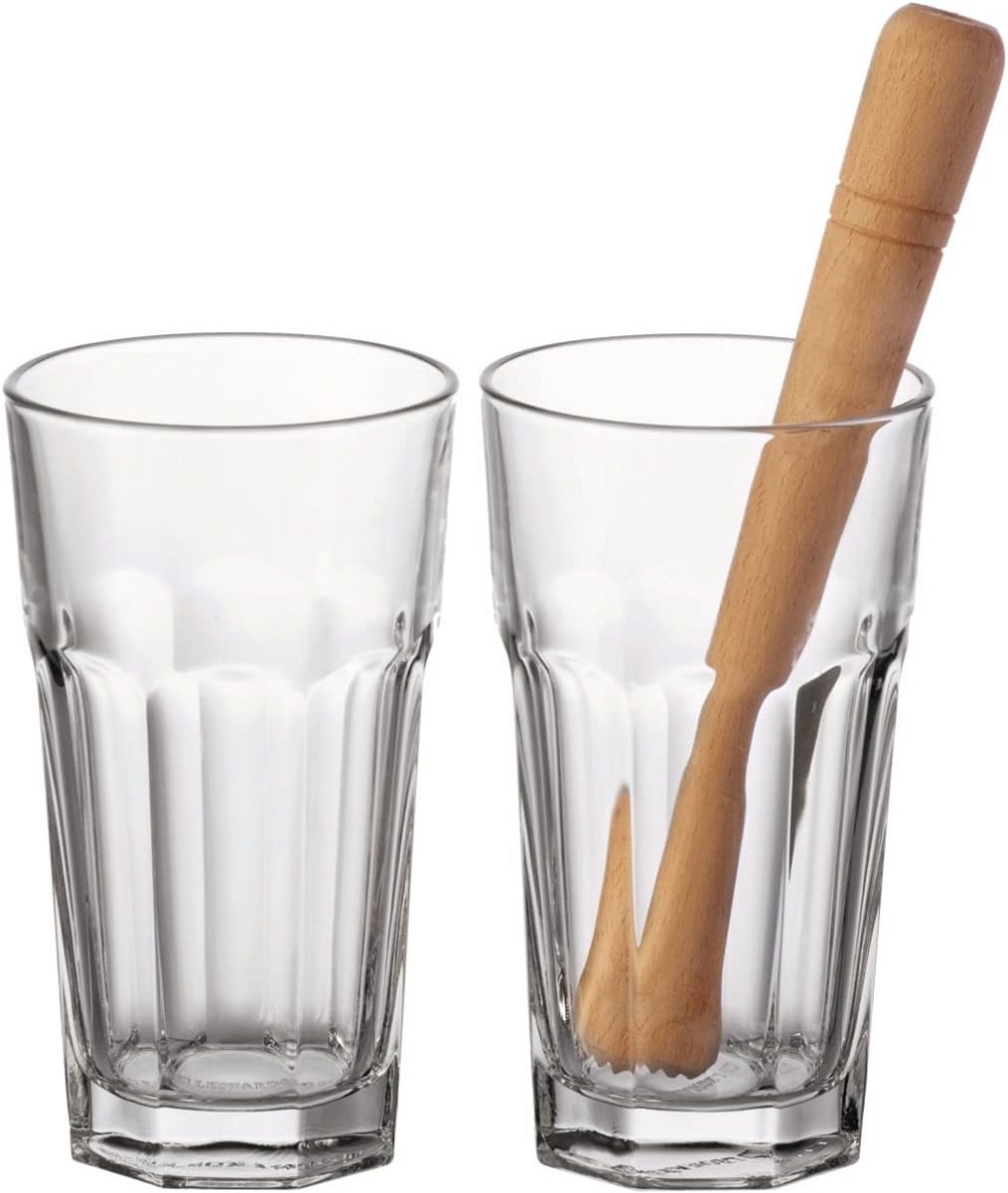 Glas Set 3 Delig - Caipirinha Set met Houten Pers en Stamper