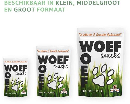 Drie zakken Woef Snacks in klein, middel en groot formaat.