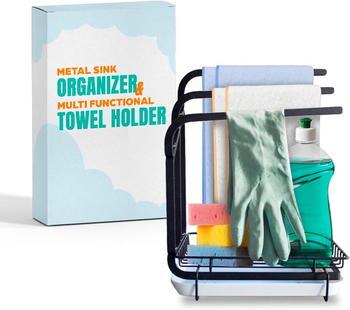 Gootsteenorganizer metaal multifunctioneel met afvoerbasis sponsbak en handdoekhouder