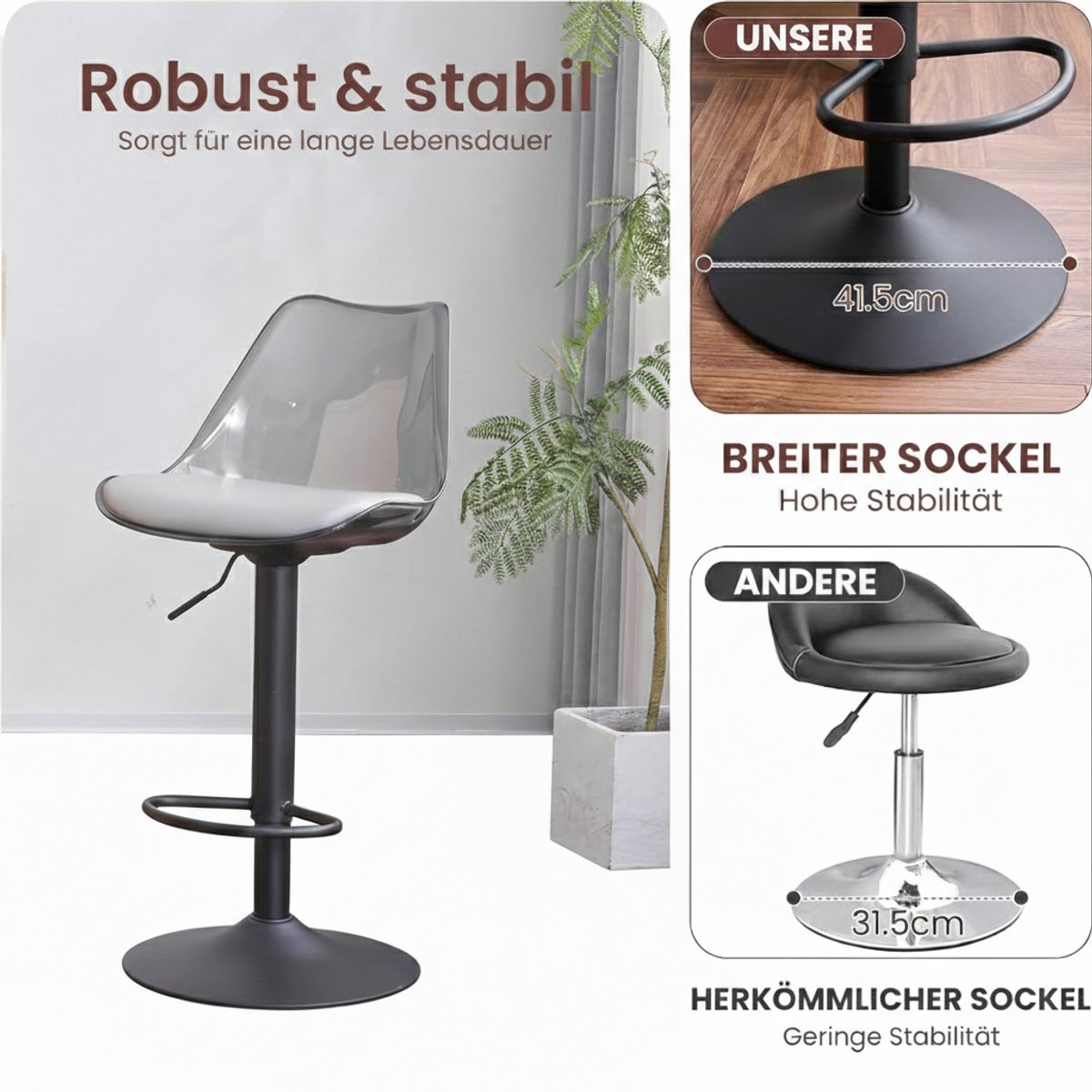 Barkrukken Set van 2 House&Garden – Transparante Moderne Barstoelen met Ergonomische Rugleuning, Draaibaar en In Hoogte Verstelbaar – Luxe Keuken- en Eetkamerkrukken met Voetensteun – Grijs Design