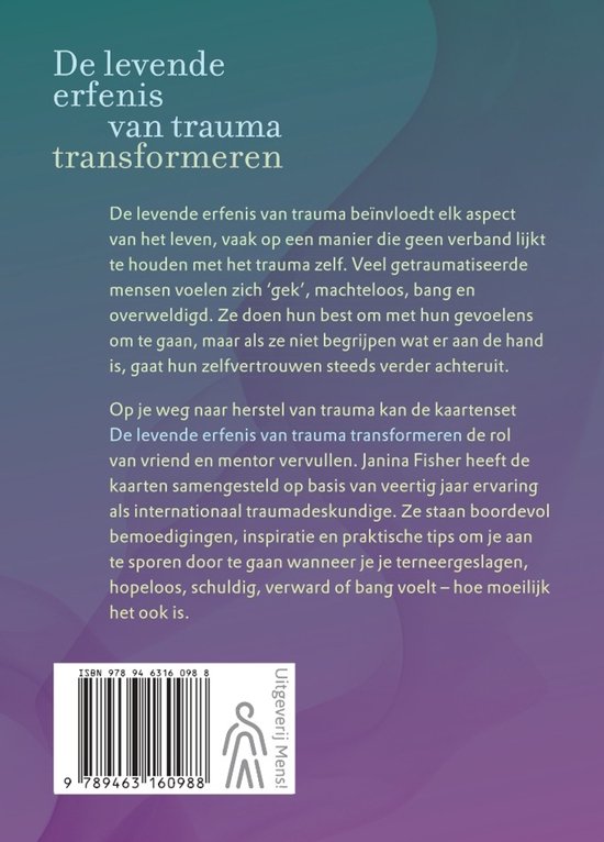 Achterkant van een boek met de titel 'De levende erfenis van trauma transformeren' en een beschrijving van de kaartenset.