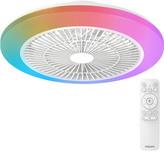 Witte plafondventilator met veelkleurige LED-verlichting en bijpassende afstandsbediening.