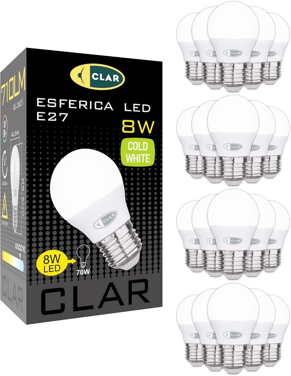 Set van 20 E27 LED Lampen 8W Koud Wit Vervangt 60W - Energiezuinig en Lang Levensduur