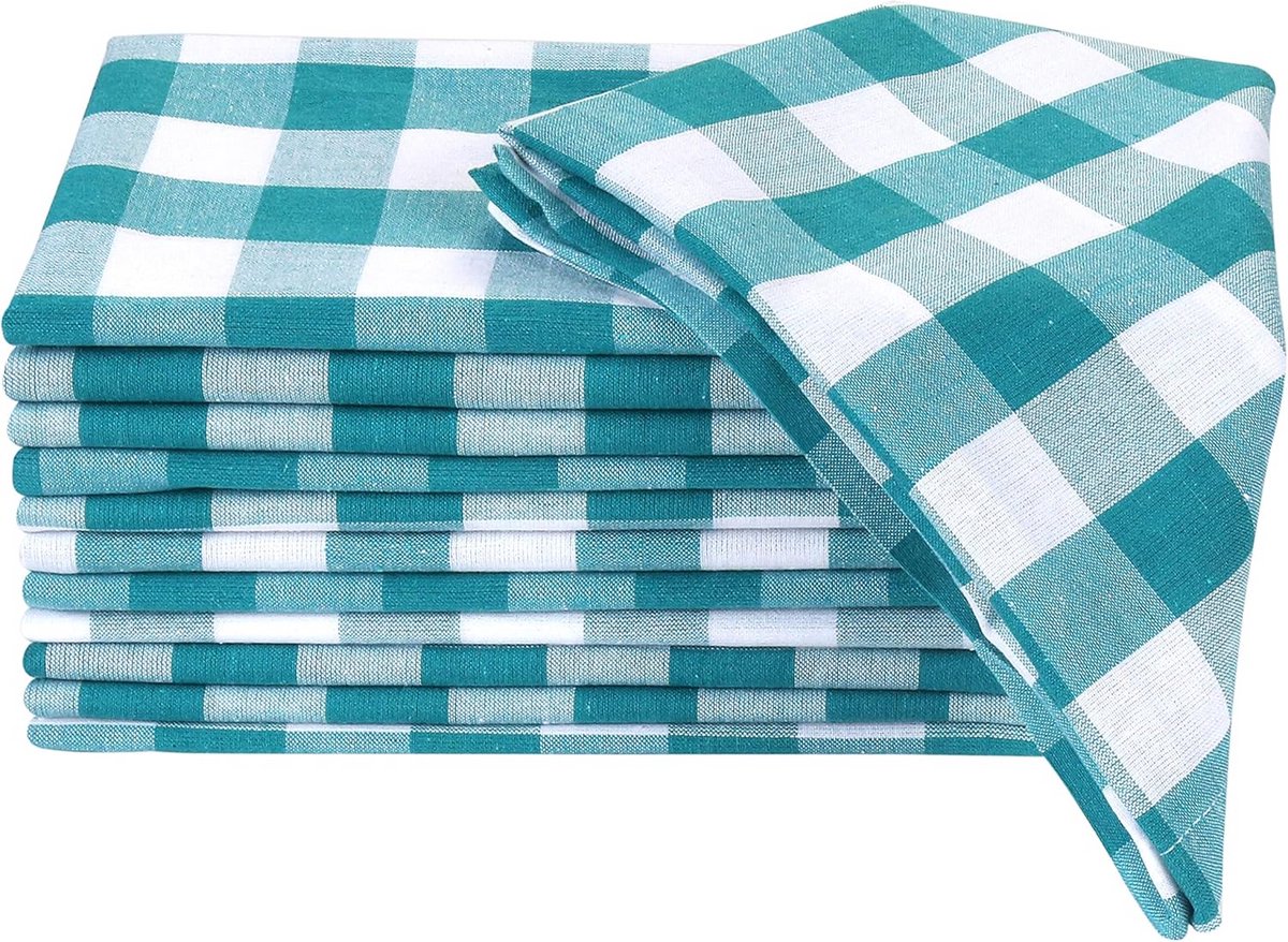 Set van 12 Katoenen Servetten Geruit Blauw Wit 18x18 - Zacht en Absorberend