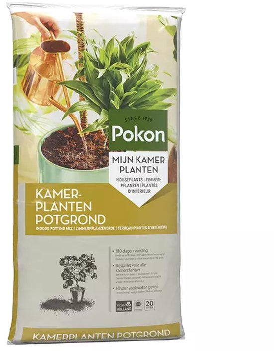 Zak Pokon kamerplant potgrond met een afbeelding van een vrouw die een plant water geeft.