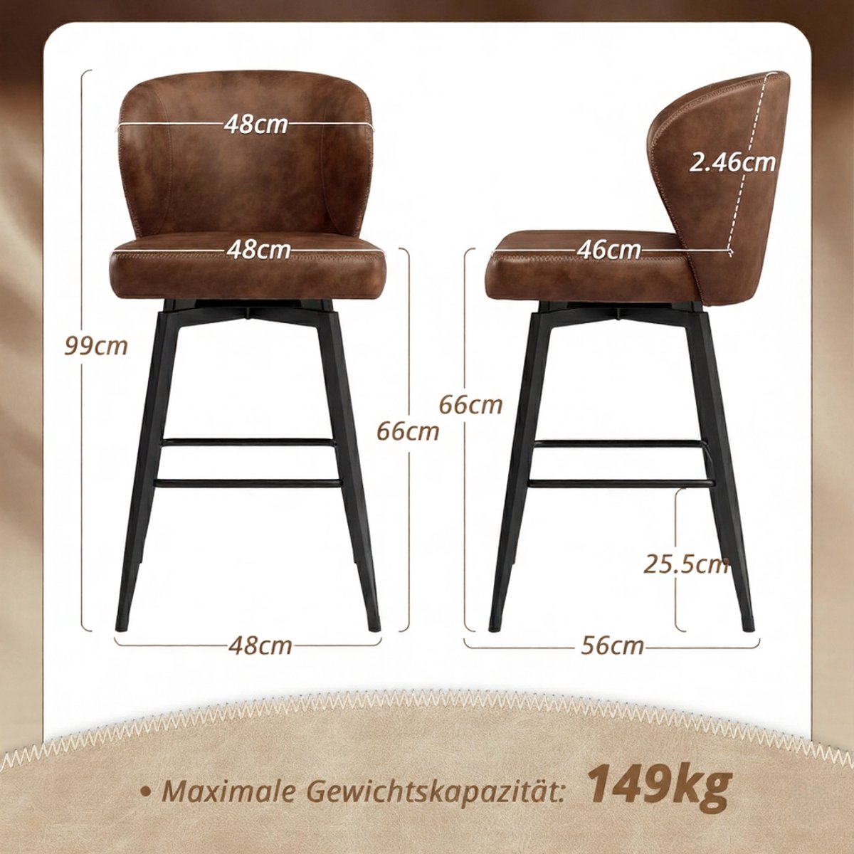 Barkrukken Set van 2 – House&Garden Valencia Draaibare Barstoelen met Rugleuning – 66 cm Zithoogte – Kunstleer Bruin – Metaal Frame – Mid-Century Design