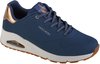 Blauwe Skechers Uno sneaker met roze gouden accenten bij de hiel en veters. Witte zool met zichtbare luchtunit.