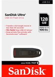 Zwarte SanDisk Ultra USB 3.0 stick, 128GB, met rode tekst 'SanDisk' en '128GB'. Verpakking met productinformatie.