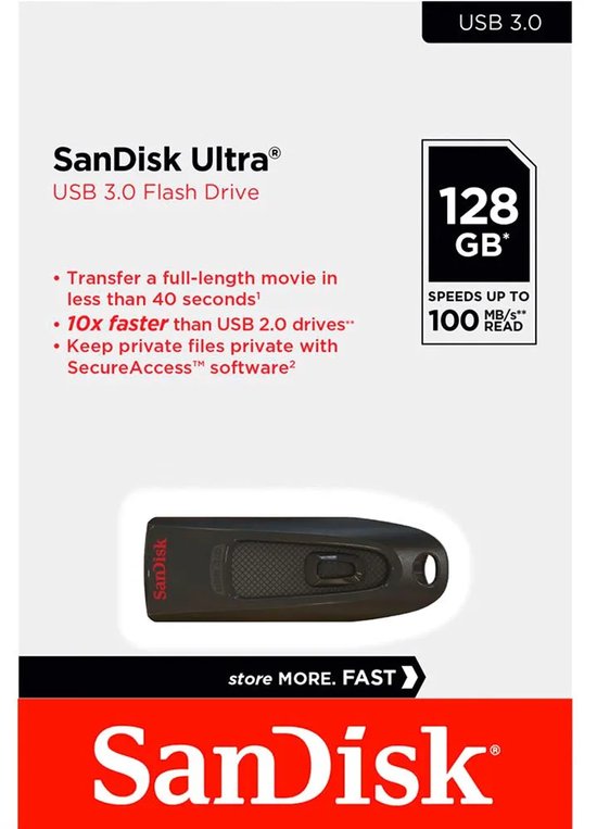 Zwarte SanDisk Ultra USB 3.0 stick, 128GB, met rode tekst 'SanDisk' en '128GB'. Verpakking met productinformatie.