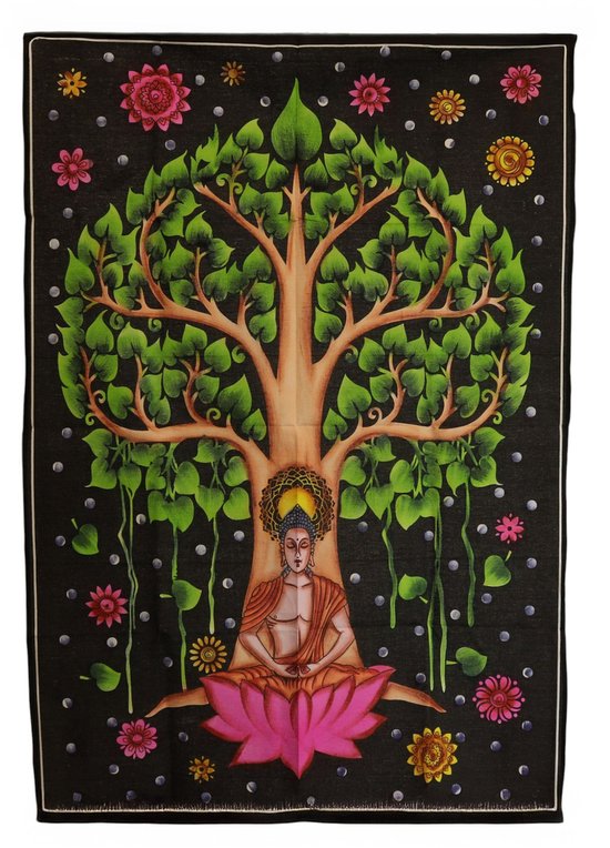Ancient Wisdom - Wandkleed - Katoenen wanddecoratie 70x110cm Boeddha Bodhiboom - muurdecoratie - interieur - kunst - boeddhisme - vintage - decoratie