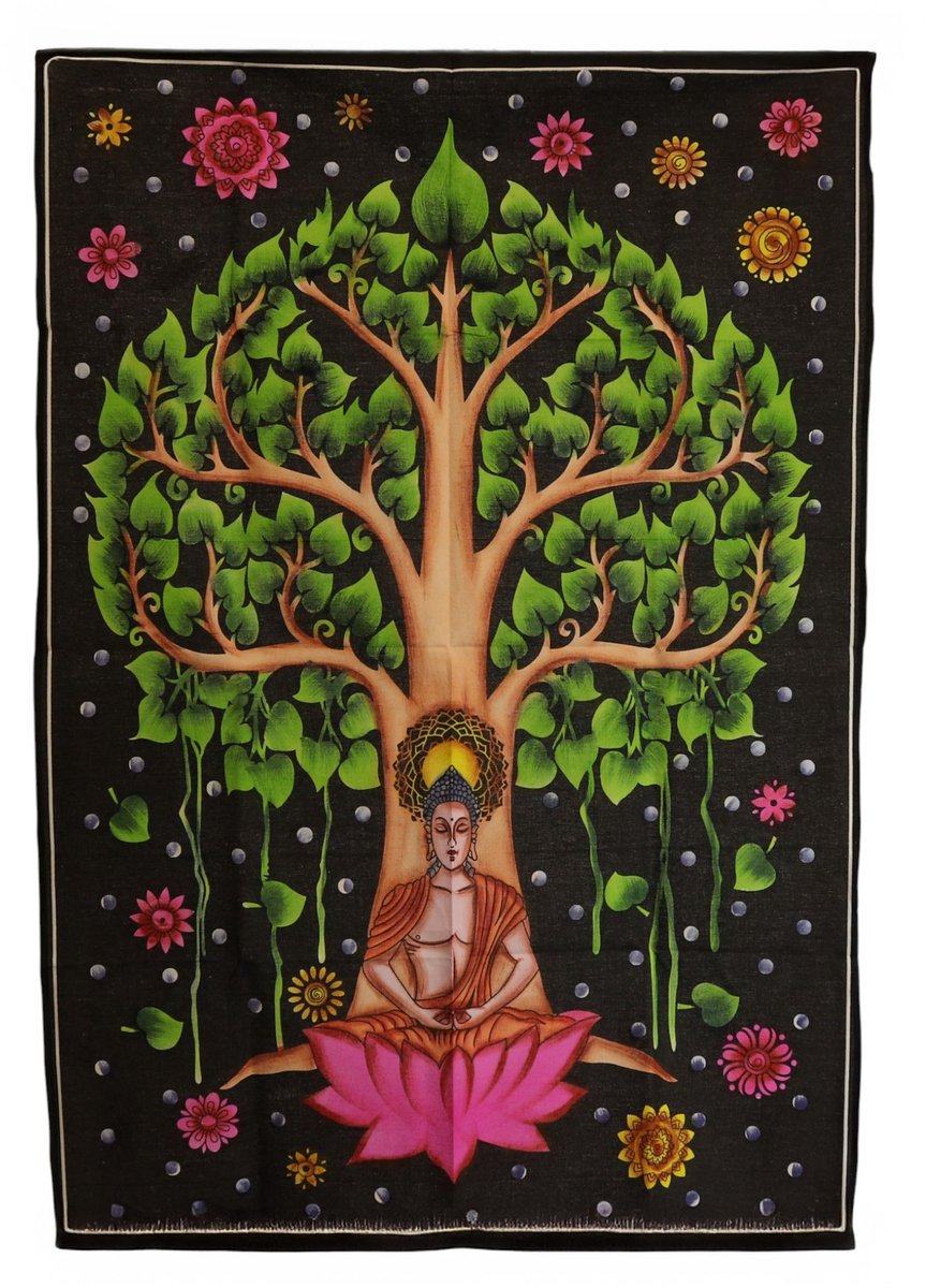 Ancient Wisdom Wandkleed - Katoenen wanddecoratie 70x110cm Boeddha Bodhiboom - muurdecoratie - interieur - kunst - boeddhisme - vintage - decoratie multicolor