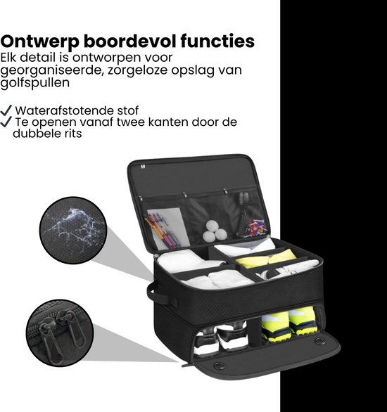 Zwarte golf organizer tas met waterafstotende stof en dubbele ritssluiting, detail van de rits.