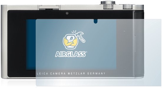 Een camera van "Leica Camera Wetzlar Germany" met een op de display geplaatste "AIRGLASS" screenprotector.
