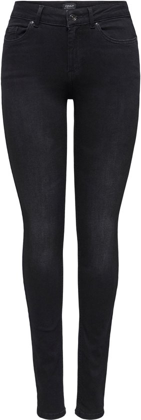 Gedetailleerde voorzijde van strakke zwarte jeans met hoge taille.