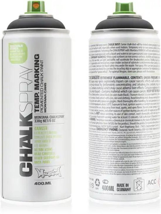 Deux bombes de peinture en aérosol avec "CHALKSPRAY TEMP. MARKING MONTANA CHALKSpray" inscrites dessus. La bombe de gauche a un capuchon vert et celle de droite un capuchon noir.