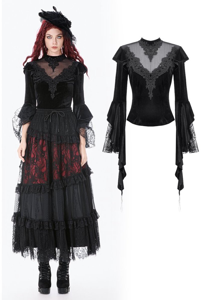 Dark in Love - Velvet Lace HighNeck Longsleeve top - L - Zwart
