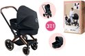 Zwarte 3-in-1 poppenwagen met bruin handvat en koperkleurig frame, met afbeeldingen van accessoires.