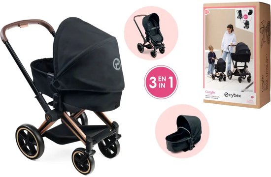 Zwarte 3-in-1 poppenwagen met bruin handvat en koperkleurig frame, met afbeeldingen van accessoires.