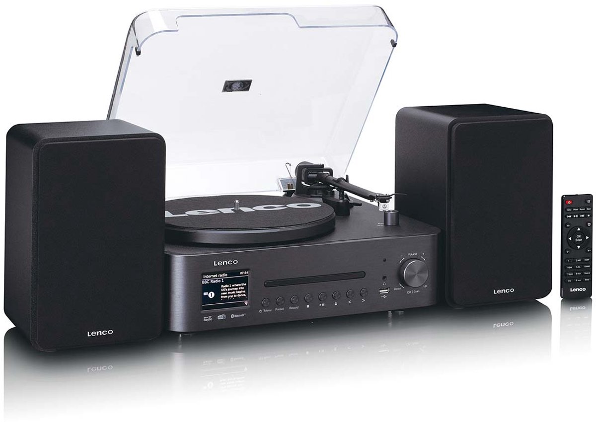 Lenco Platenspeler - MC-760BK HiFi-set met DAB+ FM en Internetradio – CD en Bluetooth - 2x 30W Speakers - Zwart