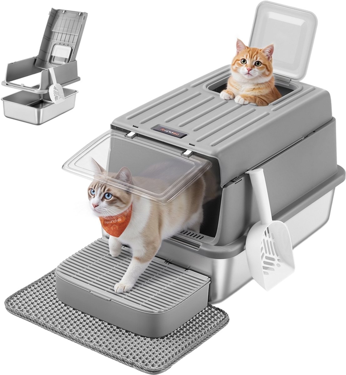 Kattenbak – Roestvrij staal met deksel en accessoires – Duifgrijs – 60 x 40 x 38 cm – Voor katten tot 15 kg