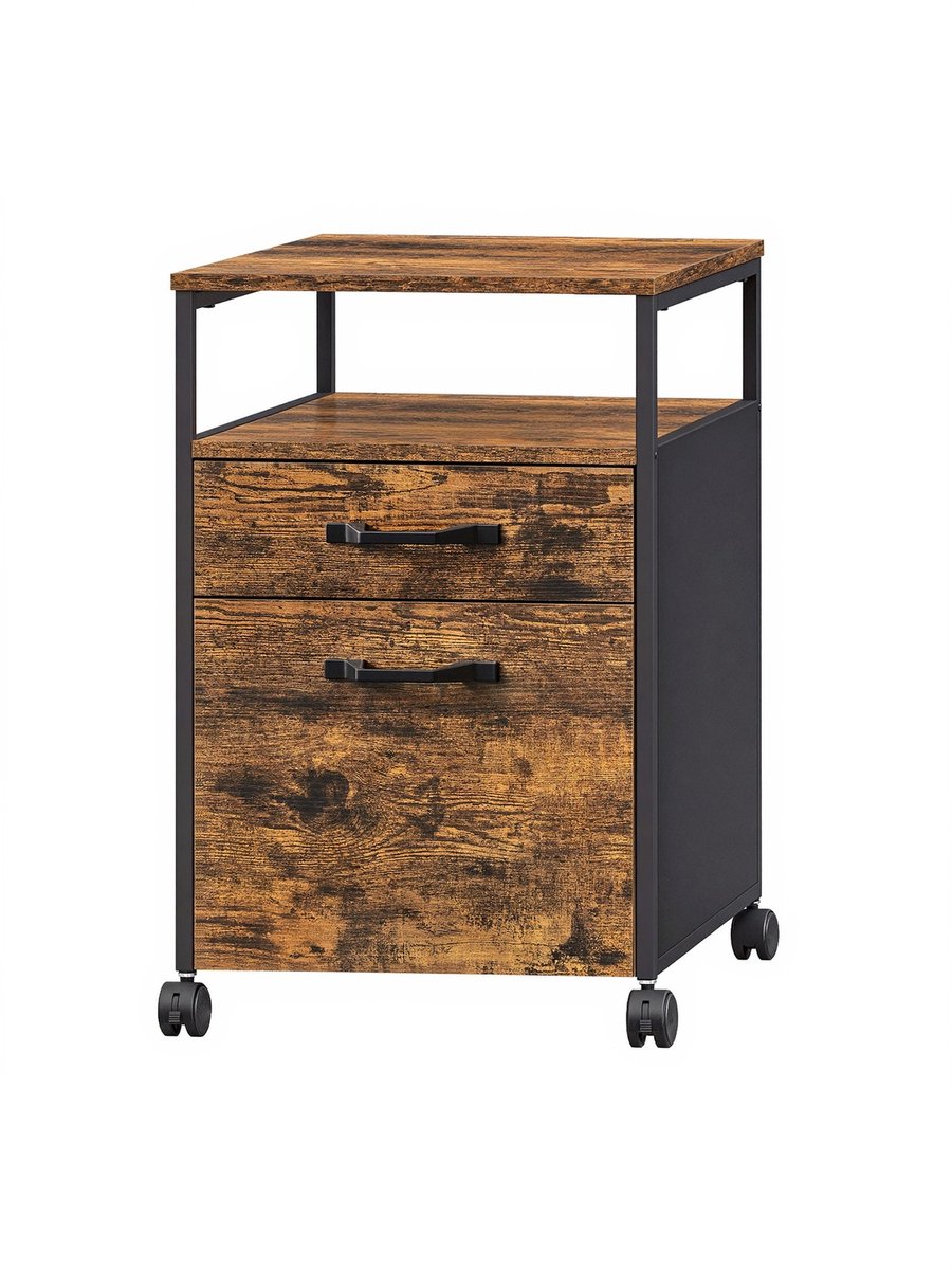 Archiefkast – Met 2 laden – Verrijdbaar op wielen – Stevig stalen frame – Vintage bruin-zwart – 41 x 45 x 66 cm