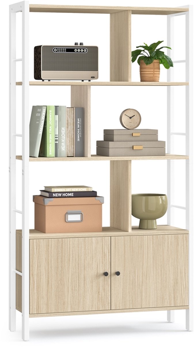 Boekenkast – 4 open planken – Natuurlijk beige-wolkwit – Stalen frame – 30 x 74 x 154,5 cm