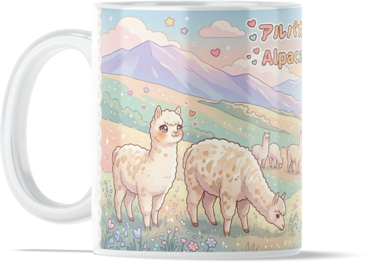 Kawaii Alpaca Mok Cadeau voor haar: Vrouw, Vriendin of Collega - Schattige Alpaca Hill Illustratie met Hartjes en Bergen - Japanse Anime Stijl Koffiebeker - Alpaca Thema Merchandise - Kleurrijke Pastel Kantoor Mok - Leuk Verjaardagscadeau