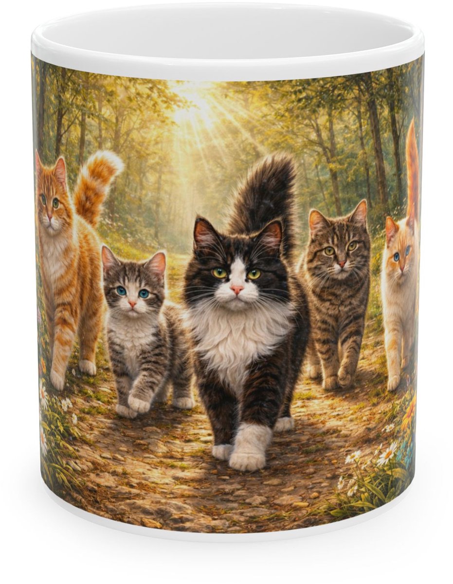 Plot-Twister - Dieren Mok 330ML – Katten groep in natuur - Keramische Koffiemok met Unieke Dierenprint – Vaatwasser & Magnetronbestendig – Cadeauverpakking met Venster