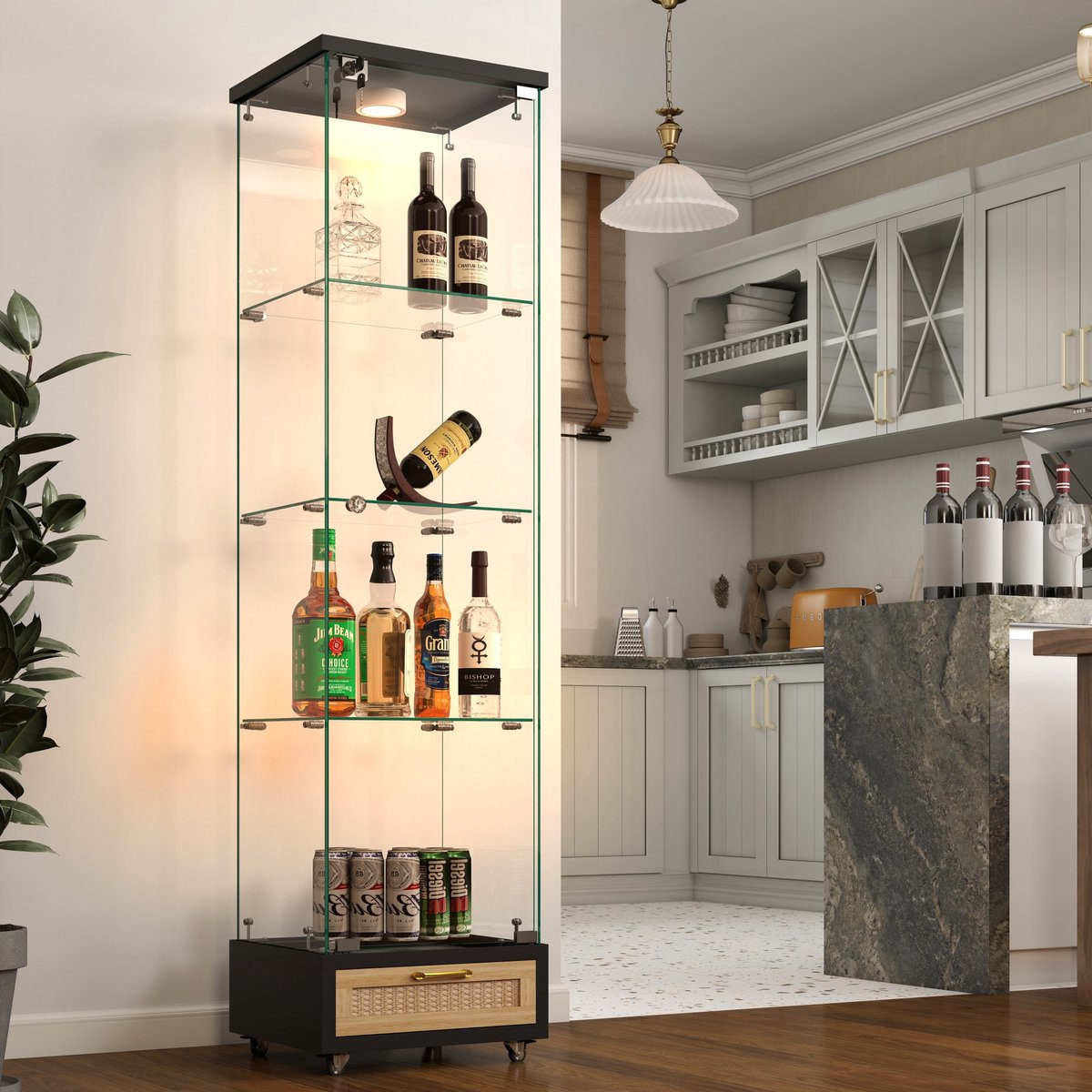 Moderne Glazen Vitrinekast met Lades, Vitrinekast met Ledverlichting, Boekenplank van Gehard glas, Kast met één deur en vier Planken. Geschikt voor Woonkamer en Slaapkamer, Wit - H167/B42,5/D36,5 cm, Zwart