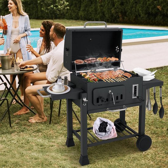 COSTWAY houtskoolgrill, grillwagen met deksel, wielen, 2 inklapbare zijtafels, grillrooster, thermometer, 6-voudige houtskoolhouder en opbergvak, staande grill, kolengrillwagen van Merkloos — afbeelding 4