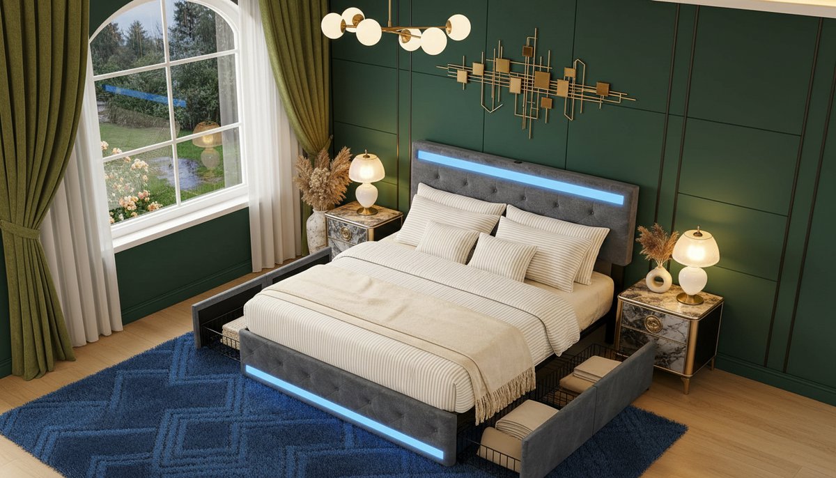 Bed 140x200 cm met LED Verlichting en Opberglades – Casa Velluto Aurora Luxe Gestoffeerd Tweepersoonsbed met USB & Type-C – Lattenbodem – Linnen – Grijs
