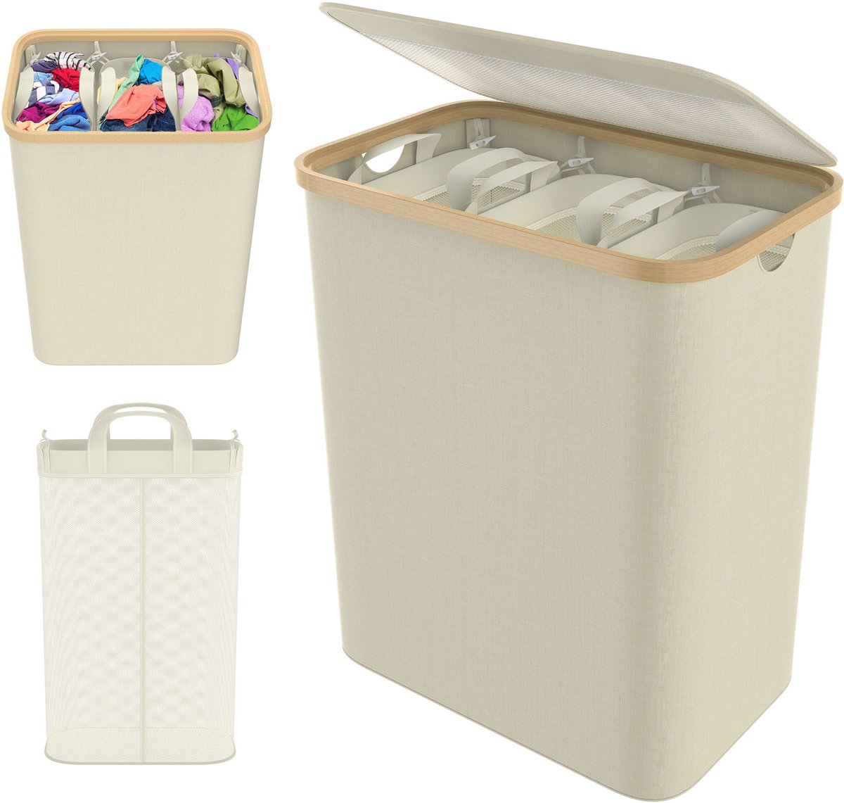 ACXIN Opvouwbare Wasmand met Deksel - 3 Vakken Wassorter - 140 Liter - Beige