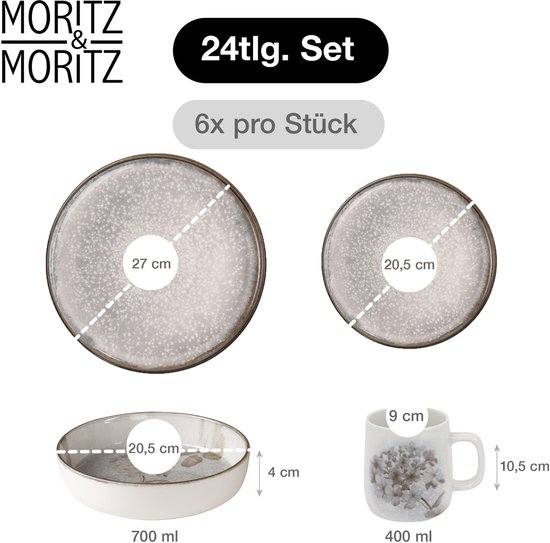 Moritz & Moritz BLOSSOM 24-delig Serviesset 6 Persoons Grijs - Porselein Koffieservies met Borden, schalen en Kopjes — afbeelding 2