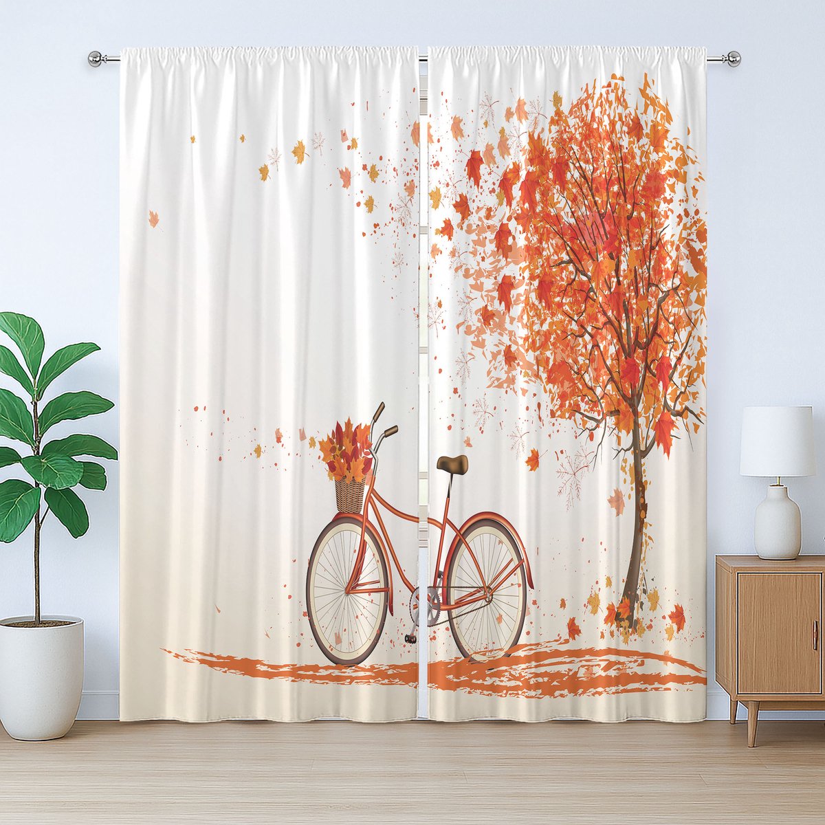 ABAKUHAUS Rustiek gordijn met fietsmotief, oranje herfstboom, slaapkamergordijn met plooien, lussen en haken, 280 x 260 cm, oranje