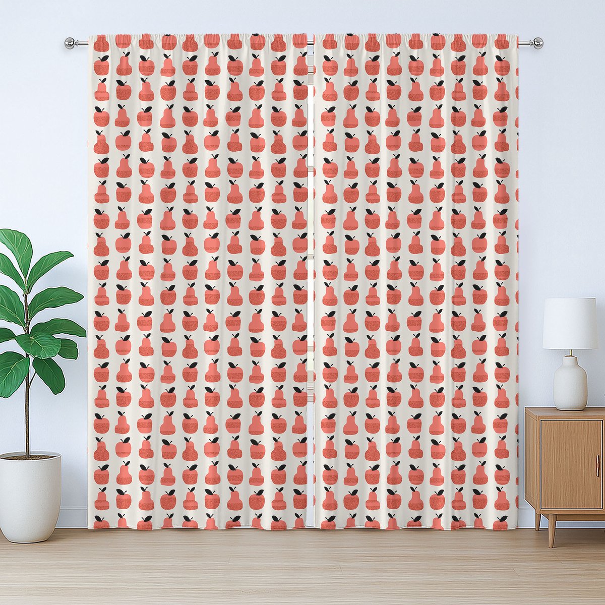 ABAKUHAUS Rustiek Fruitgordijn, Abstracte Appels en Peren, Geplooid Gordijn voor de Slaapkamer met Lussen en Haken, 280 x 225 cm, Koraalrood