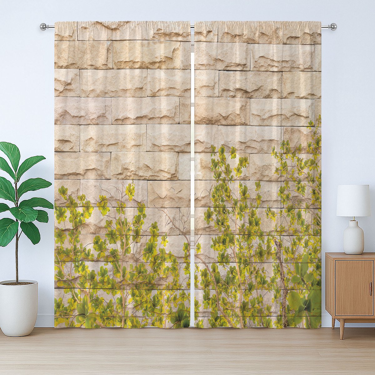 ABAKUHAUS Beige rustiek gordijn, bakstenen muur met bladmotief, slaapkamergordijn met lussen en haken, 280 x 260 cm, groen wit