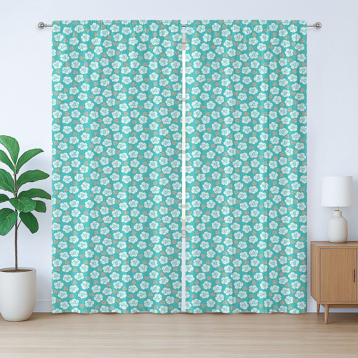 ABAKUHAUS Rustiek gordijn met bloemenprint, bloeiende romantische rozen, met lussen en haken voor de slaapkamer, 280 x 245 cm, turquoise zalmkleur
