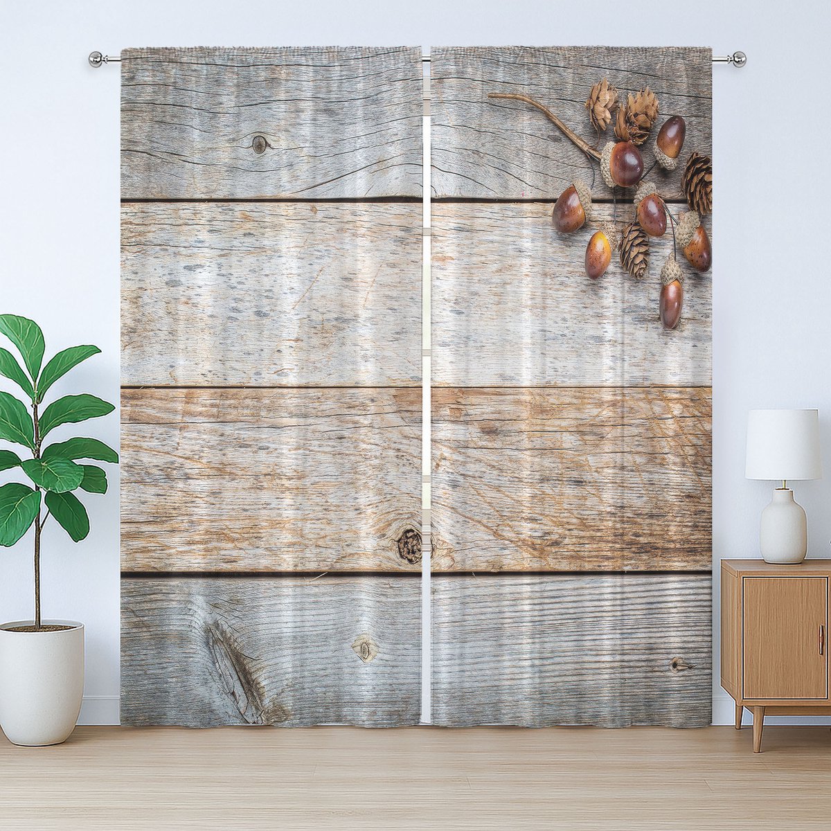 ABAKUHAUS Houten Rustiek Gordijn, Eikels en Hout, Universele Gordijnen met Bandjes, Lussen en Haken voor de Woonkamer, 280 x 175 cm, Bruin