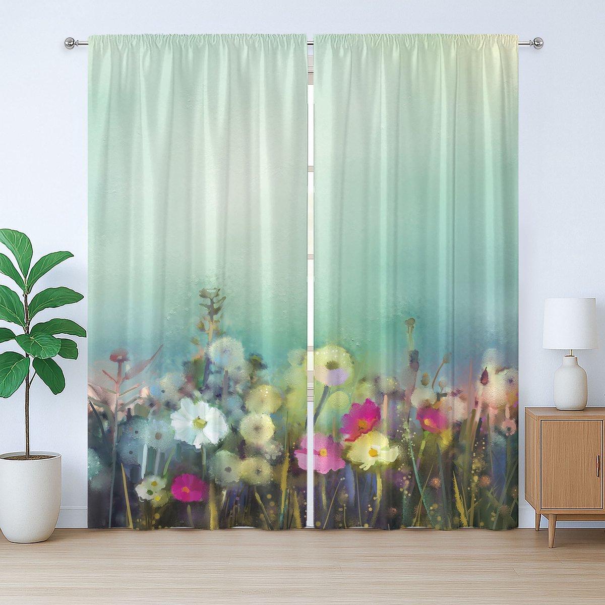 ABAKUHAUS Rustiek gordijn met bloemenmotief, paardenbloem, madeliefje en klaproos, slaapkamergordijn met plooien en haken, 280 x 245 cm, groengeel
