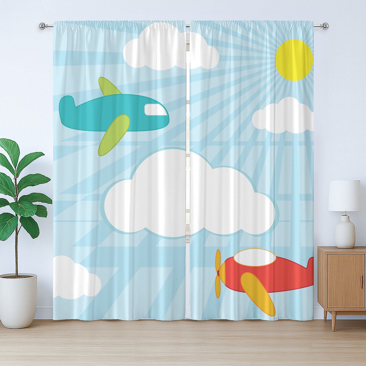 ABAKUHAUS Rustiek vliegtuiggordijn, retro kindercartoon, met lussen en haken voor de woonkamer, 280 x 175 cm, lichtblauw