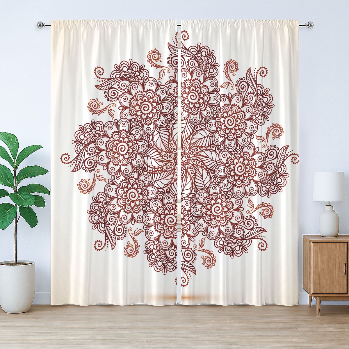 ABAKUHAUS Mandala Rustiek Gordijn, Boheemse Universum Kosmos, met Bandjes, Lussen en Haken voor de Woonkamer, 280 x 245 cm, Bordeauxrood Ivoor