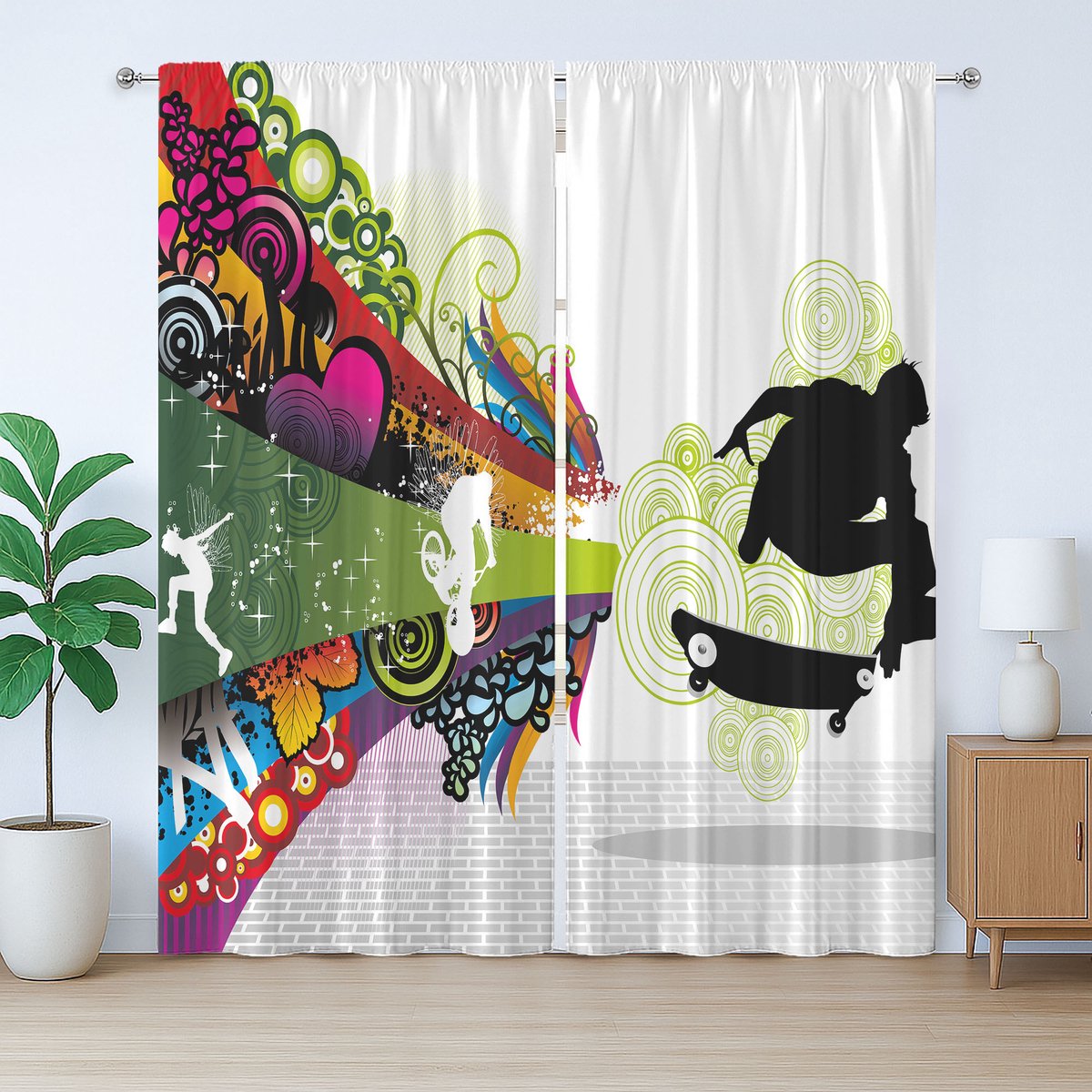ABAKUHAUS Rustiek gordijn voor tieners, kleurrijk skaterjongen, slaapkamergordijn met lussen en haken, 280 x 175 cm, zwart-wit-meerkleurig