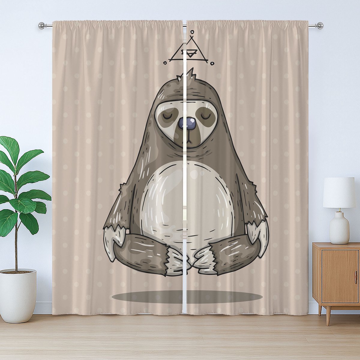 ABAKUHAUS Rustiek Luiaardgordijn, Cartoon luiaard mediterend, met lussen en haken voor de woonkamer, 280 x 245 cm, Warm Taupe Wit Groen
