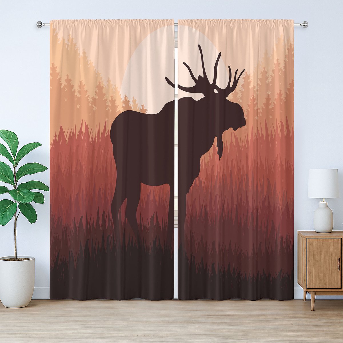 ABAKUHAUS Rustiek elandgordijn, bosgewei, wild hert, met lussen en haken voor de woonkamer, 280 x 225 cm, perzik en bruin
