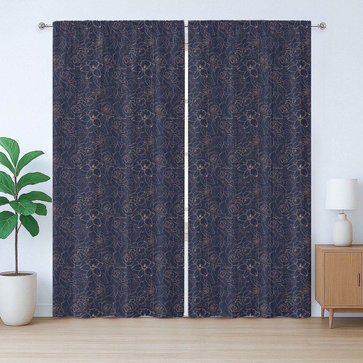 ABAKUHAUS Marineblauwe rustieke gordijnen, abstract bloemenmotief, slaapkamergordijn met plooien, lussen en haken, 280 x 175 cm, indigo zandbruin