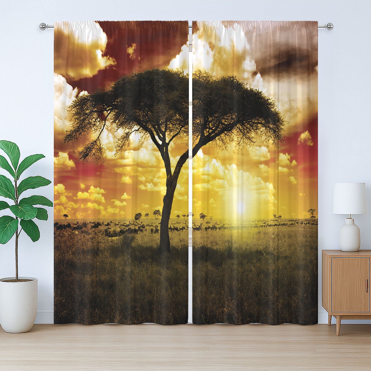ABAKUHAUS Afrikaans rustiek gordijn, zonsondergang met safaridieren, met lussen en haken voor de woonkamer, 280 x 225 cm, groen wit rood