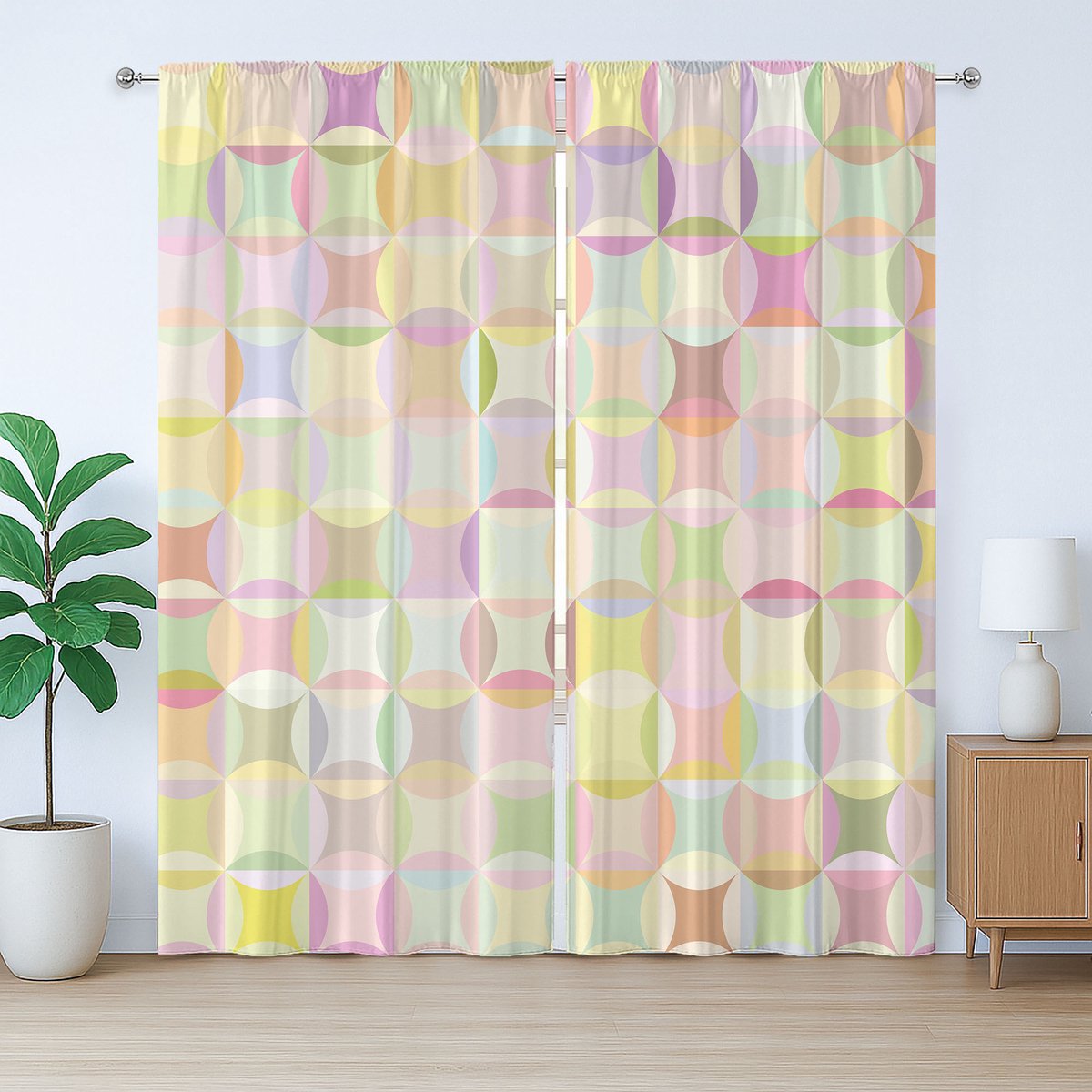 ABAKUHAUS Pastel Rustiek Gordijn, Retro Polka Dot Funky, Slaapkamergordijn met Plooiing, Lusjes en Haken, 280 x 260 cm, Geel Meerkleurig
