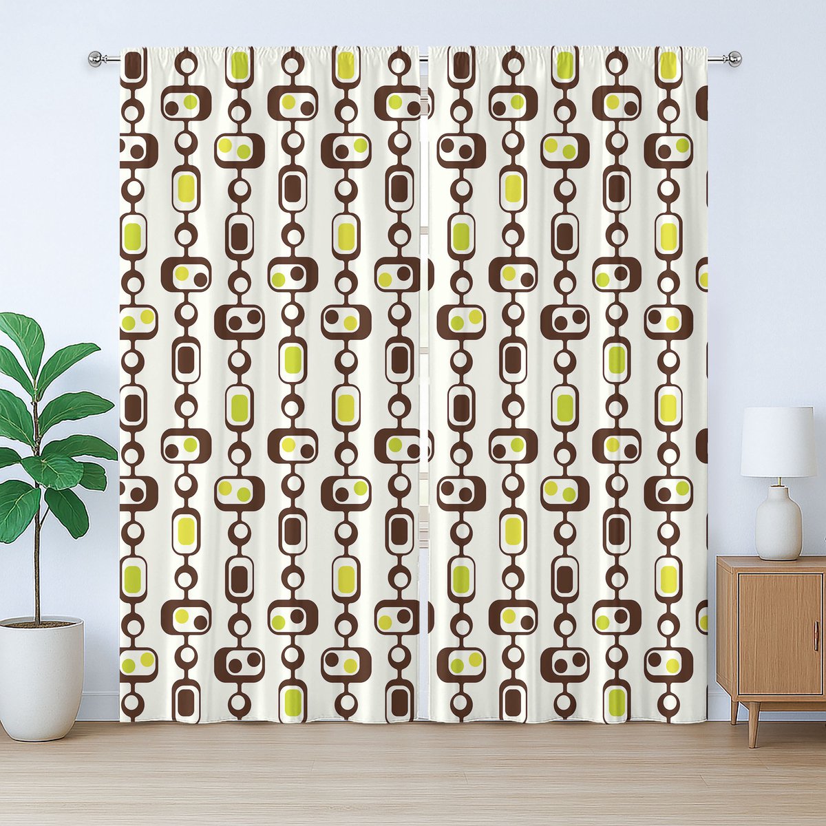 ABAKUHAUS Geometrisch rustiek gordijn, rechthoekig element, slaapkamergordijn met plooien, lussen en haken, 280 x 245 cm, bruin appelgroen