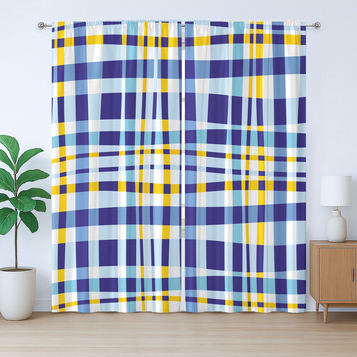 ABAKUHAUS Geel en blauw rustiek gordijn, tartan, slaapkamergordijn met plooien, lussen en haken, 280 x 225 cm, geel blauw